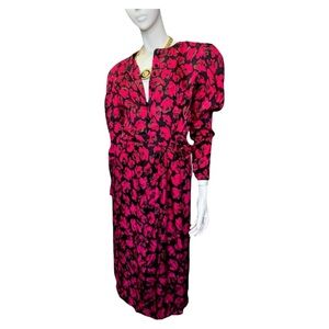 Vintage 80s Maggy London 💯 Silk Red Rose Midi Dress with Long Sleeves